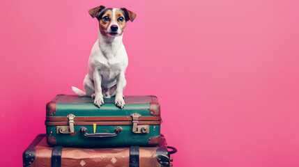 dog on a suitcase, pink background, travel concept, copy space, vacation atmosphere, pet adventure, 