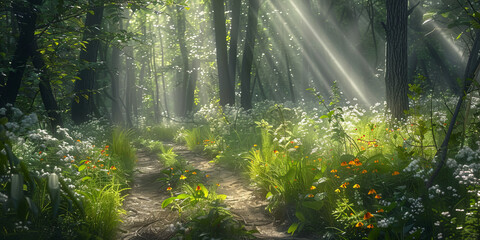 Radiant light shines upon a forest trail, highlighting vibrant wildflowers and lush vegetation - obrazy, fototapety, plakaty