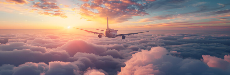 Big passenger airplane flying, beautiful sunset and cloudscape in the background. Above the clouds. - obrazy, fototapety, plakaty