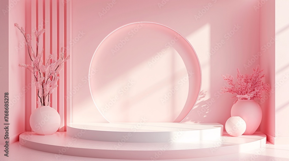Poster 3d rendering of podium design for product display or showcase , pink podium design concept. ai gener