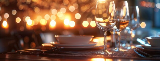 an elegant dinner table setting adorned with wine glasses and plates, set against a blurred background of warm lights in a restaurant or hotel hall, creating an ambiance of refined dining.