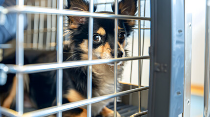 dog in a cage at a veterinary clinic, pet care, pet medical care, animal care facility