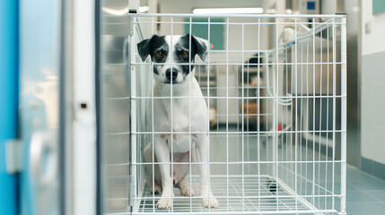 dog in a cage at a veterinary clinic, pet care, animal health, veterinary services, pet hospitalization,