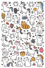 Fototapeta premium A vibrant and fun illustration featuring a variety of quirky, whimsical cats and unicorns accompanied by basic decorative elements.