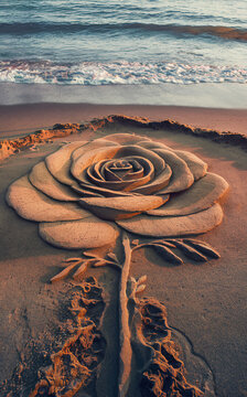 A finely sculpted sand effigy of a rose rests on the beach, with gentle waves rolling onto the shore in the background.