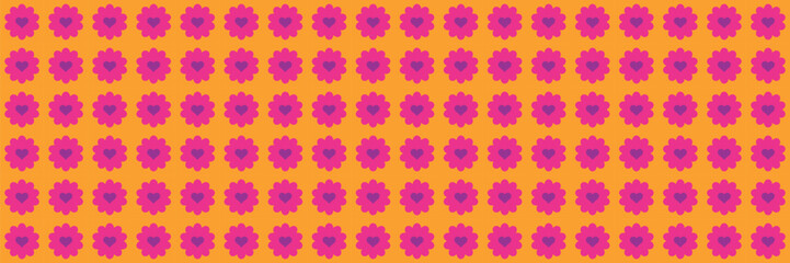 Trendy color seamless groovy background. Retro pattern 70s, 80s style. Flower daisy hearts