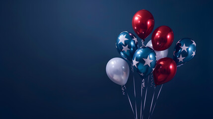 festive foil balloons in the colors of US flag, perfect for 4th July or President Day celebrations, dark blue background, patriotic events, party decor - obrazy, fototapety, plakaty