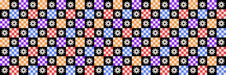 Trendy color seamless groovy background. Retro pattern 70s, 80s style. Checkerboard and daisy flowers