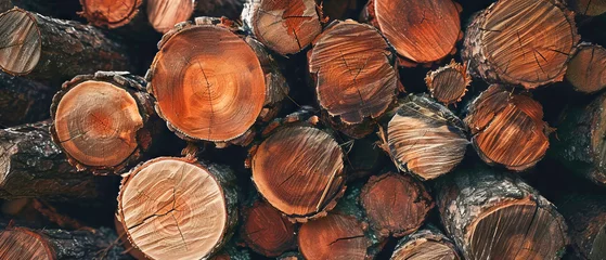 Gordijnen Detailed texture of a stack of freshly chopped logs, showcasing natural wood patterns © Lidok_L