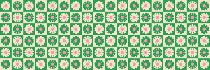 Trendy color seamless groovy background. Retro pattern 70s, 80s style. Checkerboard and daisy flowers