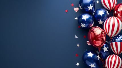 festive foil balloons in the colors of US flag, perfect for 4th July or President Day celebrations, dark blue background - obrazy, fototapety, plakaty