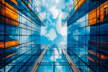 Contemporary high-rise office buildings converging towards the sky, their windows mirroring the...