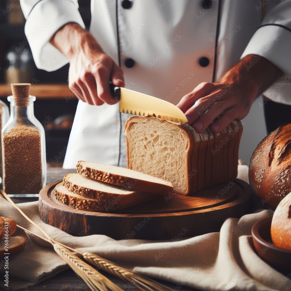 Poster a chef is captured in the act of slicing soft, sandwich bread on a rustic wooden board, showcasing t