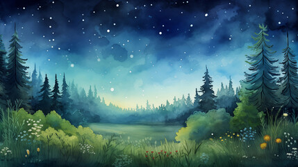 Fototapeta na wymiar Hand drawn beautiful night outdoor natural scenery watercolor illustration 