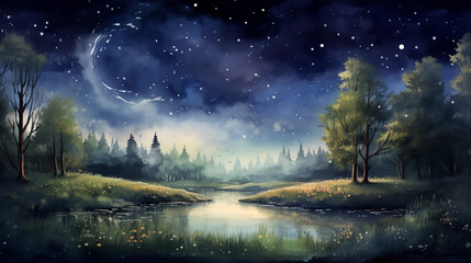 Hand drawn beautiful night outdoor natural scenery watercolor illustration
 - obrazy, fototapety, plakaty