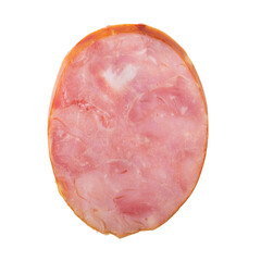 Piece of fish sausage isolated on white background. Ham sausage from african catfish (Clarias gariepinus).