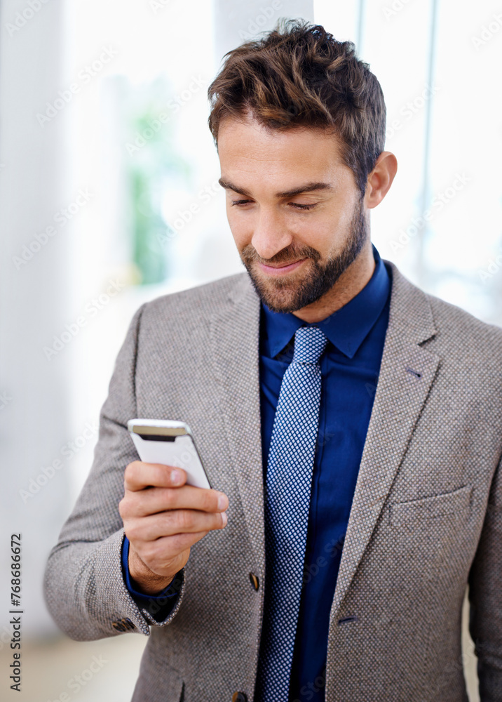 Poster business man, phone and typing an email in office, communication and networking for company. male pe