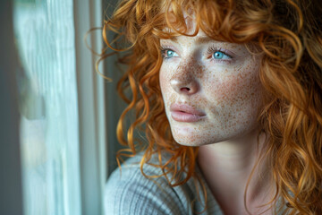 Woman with curly red hair and freckles looking out of a window, with natural light casting a warm glow on her face - obrazy, fototapety, plakaty