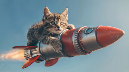 A playful kitten imagines a thrilling adventure, clutching a red rocket as it soars through a cloudy blue sky.