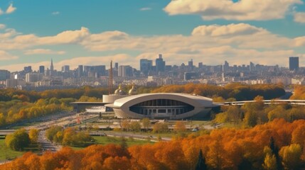 Luzhniki Stadium and Moscow cityscape in sunny autumn day