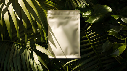 White blank pouch package doypack, white background with palm leaf shadows, mockup