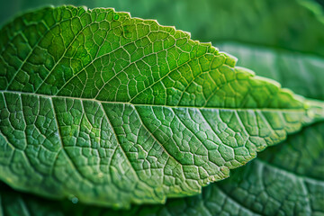 Vibrant green leaf detailed with fresh water droplets, capturing the natural texture and veins of the leaf.