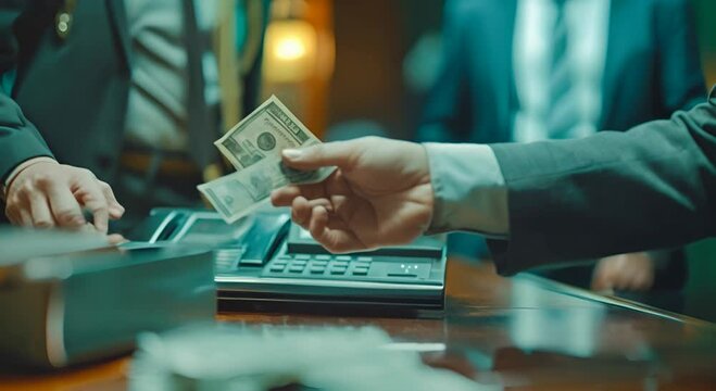 photorealistic masterpiece shot of customer depositing money to bank while bank officers happily receive the money, make a bank office environment