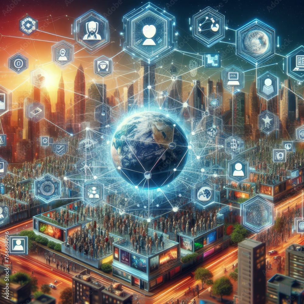 Poster an intricate portrayal of earth centered in a vibrant digital metropolis, encapsulated by a complex 