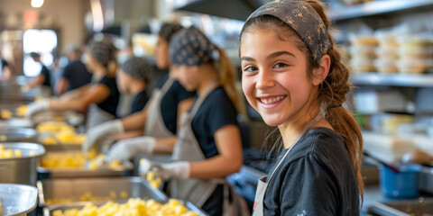 A young girl with a bright smile volunteers at a school cafeteria, serving healthy food options to her peers - obrazy, fototapety, plakaty
