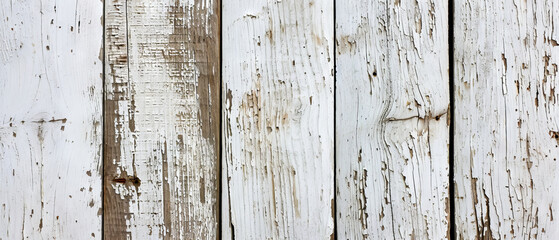 The texture of old wooden planks covered with flaking white pain