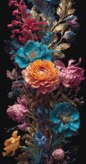 painting of a bouquet of flowers, with red, pink, blue, and yellow hues.