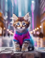 Fotobehang Portret małego kotka w sweterku na środku ulicy w mieście. Generative AI © mycatherina