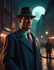 A brooding detective clad in a vintage suit stands under the glow of a street lamp, his face etched with secrets, in a moody, film noir-inspired cityscape with a full moon backdrop.