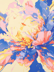 Abstract expressive artwork of flower. Colorful paint stains. Floral gouache or acrylic painting. Explosion and splash of colors. Illustration for poster, notebook cover, phone case. Generative AI