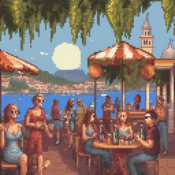 A pixel art image depicts a lively outdoor scene with people sitting at tables, umbrellas, and a beautiful sunset.