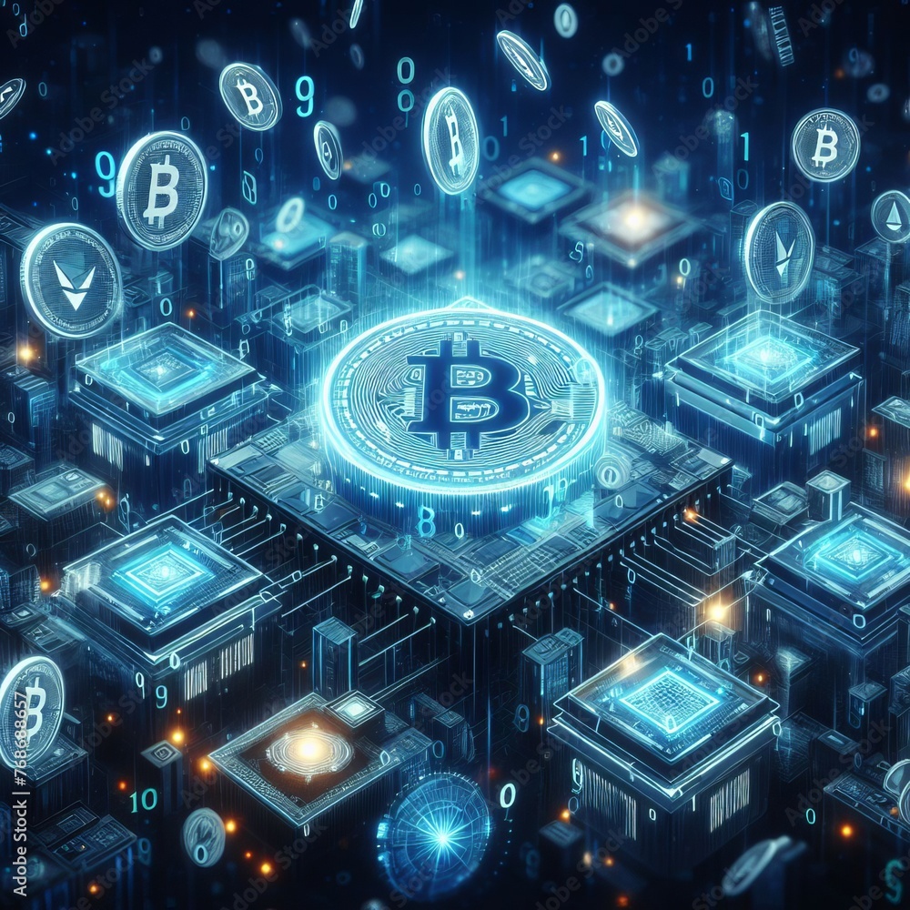 Poster digital symbols of various cryptocurrencies orbit around a central bitcoin, symbolizing a networked 