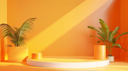 Orange podium product 3d background display stage platform with minimal yellow pedestal scene studio space show stand or geometric object presentation banner and summer fashion advertising backdrop