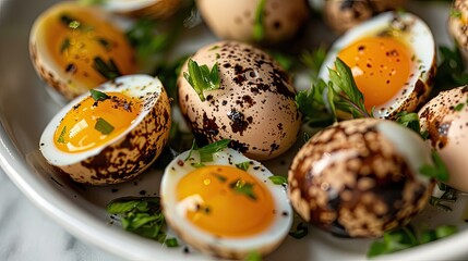Quail eggs description. Generative AI - obrazy, fototapety, plakaty