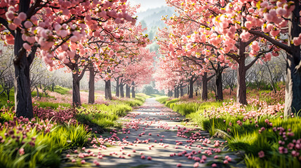 Cherry Blossom Promenade: A Path Lined with Flourishing Sakura Trees, Inviting a Peaceful Stroll Under Springs Canopy