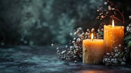 Burning candles and flowers on black background with space for text. Funeral concept. Generative Ai