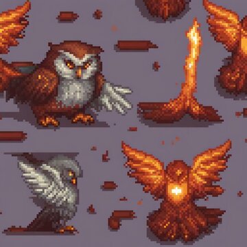 The image showcases a series of pixel art depicting various owl species, each with unique features and a fiery background.