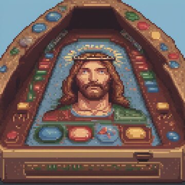 A pixel art image of Jesus with a crown, surrounded by various colored gems, possibly representing a religious or cultural context.