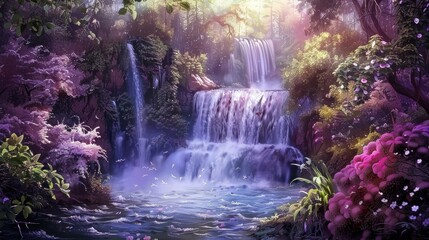 Obraz premium Immersive tranquility in a mystical forest with cascading waterfalls and fairy tale magic.