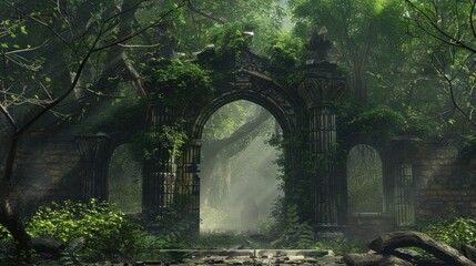 Portal to an ancient magic realm through a lush creeper archway.
