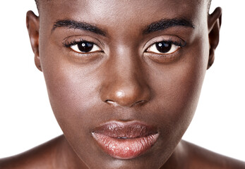 African, woman and closeup studio portrait for beauty, serious model and makeup for cosmetic and...