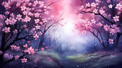 Obraz na płótnie Canvas Hand drawn beautiful watercolor illustration of peach blossoms blooming outdoors at spring night 