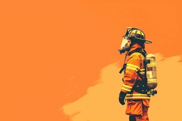 a firefighter on an orange monochrome background 
