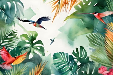 Tropical leaves and birds on a white background. - obrazy, fototapety, plakaty
