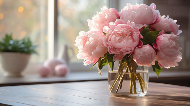 a bouquet of peonies in a glass vase on the table
