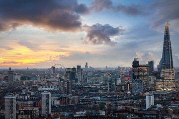 Elevated view of the London skyline during a cloudy winter sunset, England - 768690695